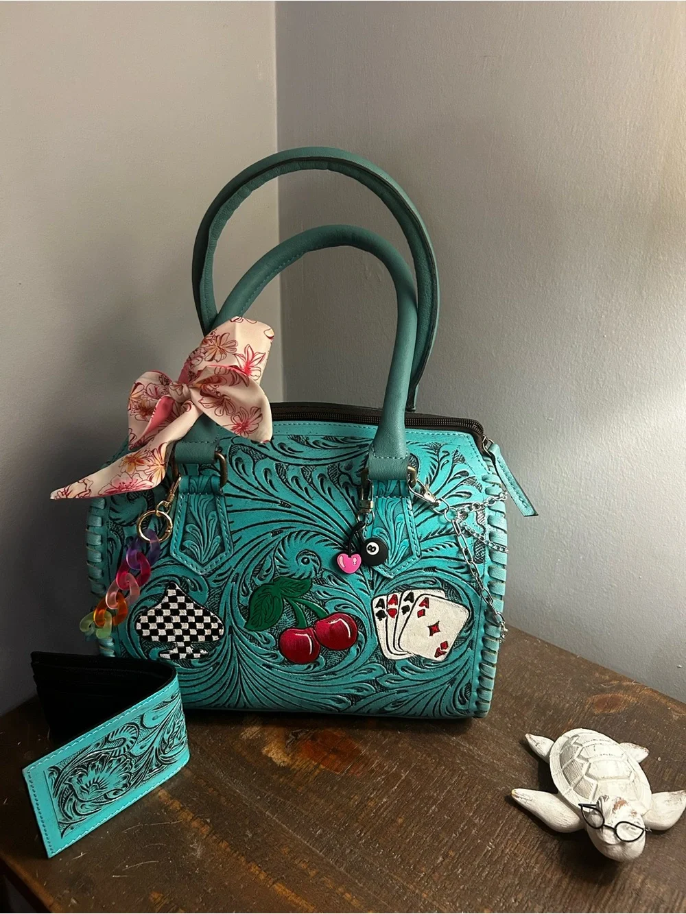 Turquoise Embossed Leather Satchel with Cherry & Card Appliqués